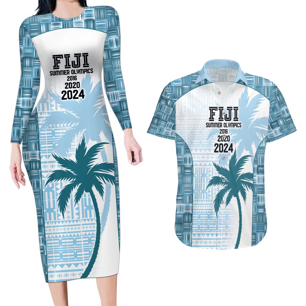 Custom Fiji Rugby Couples Matching Long Sleeve Bodycon Dress and Hawaiian Shirt History Champions World Cup 7s - Bllue LT9 Blue - Polynesian Pride