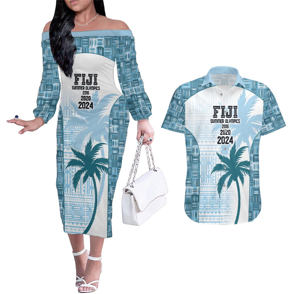 Custom Fiji Rugby Couples Matching Off The Shoulder Long Sleeve Dress and Hawaiian Shirt History Champions World Cup 7s - Bllue LT9 Blue - Polynesian Pride
