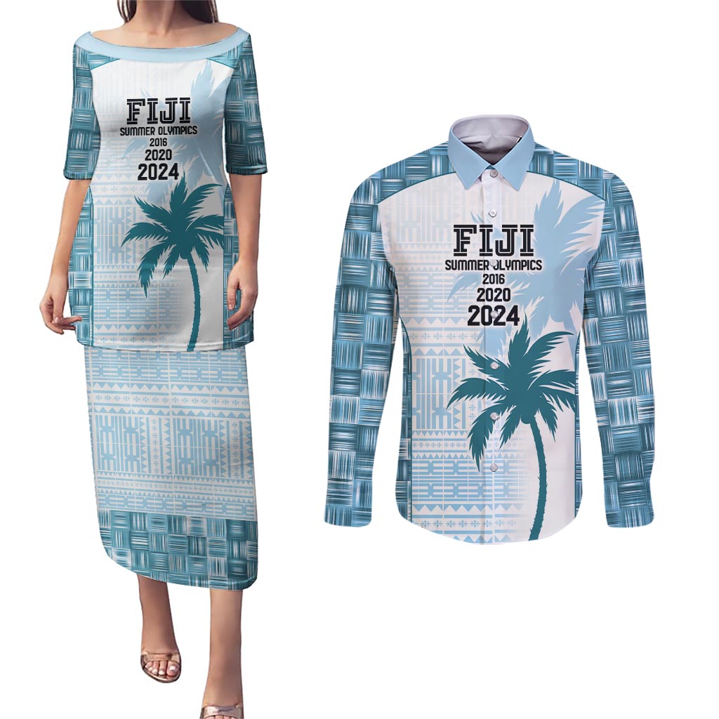Custom Fiji Rugby Couples Matching Puletasi and Long Sleeve Button Shirt History Champions World Cup 7s - Bllue LT9 Blue - Polynesian Pride