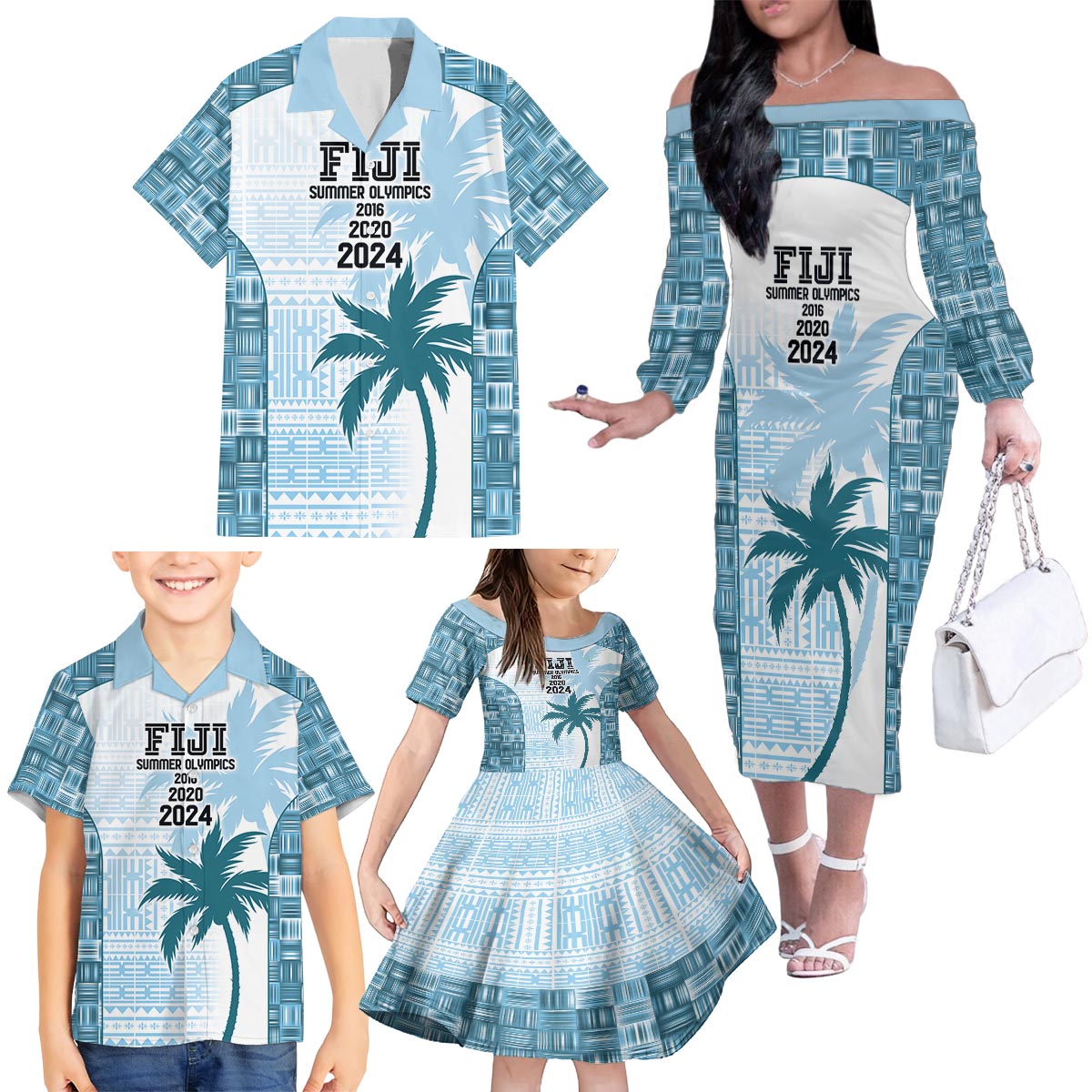 Custom Fiji Rugby Family Matching Off The Shoulder Long Sleeve Dress and Hawaiian Shirt History Champions World Cup 7s - Bllue LT9 - Polynesian Pride