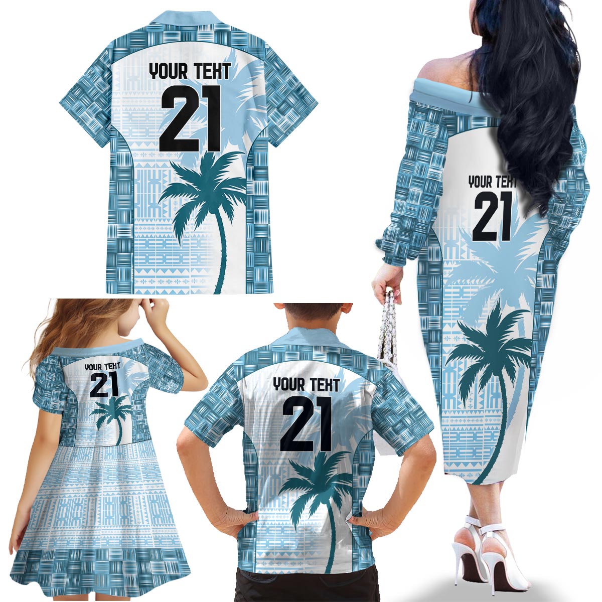 Custom Fiji Rugby Family Matching Off The Shoulder Long Sleeve Dress and Hawaiian Shirt History Champions World Cup 7s - Bllue LT9 - Polynesian Pride