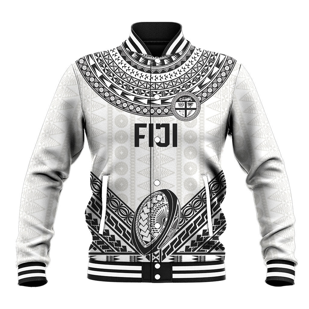 Custom Rugby Fiji National Heritage Baseball Jacket White Traditional Masi Inspired