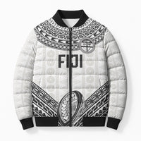 Custom Rugby Fiji National Heritage Bomber Puffer Jacket White Traditional Masi Inspired