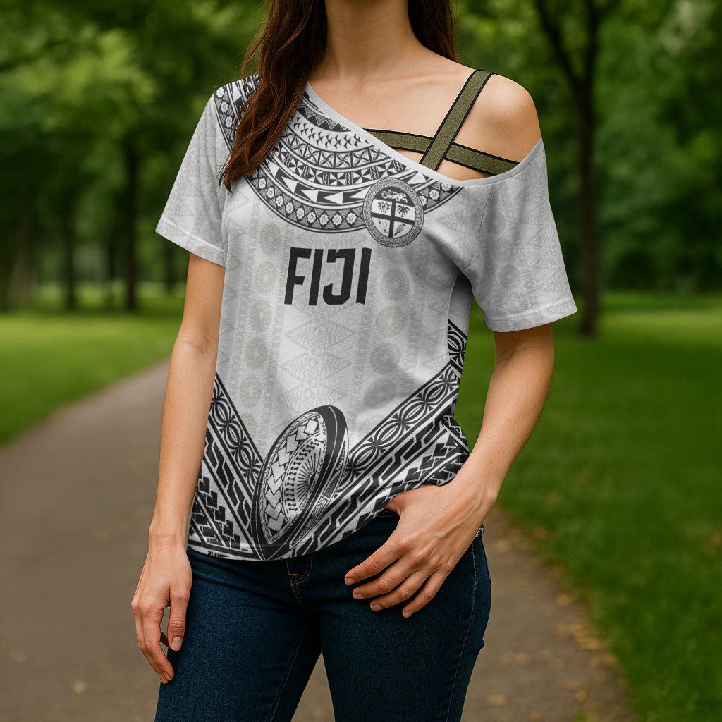 Custom Rugby Fiji National Heritage Cross Shoulder Shirt White Traditional Masi Inspired