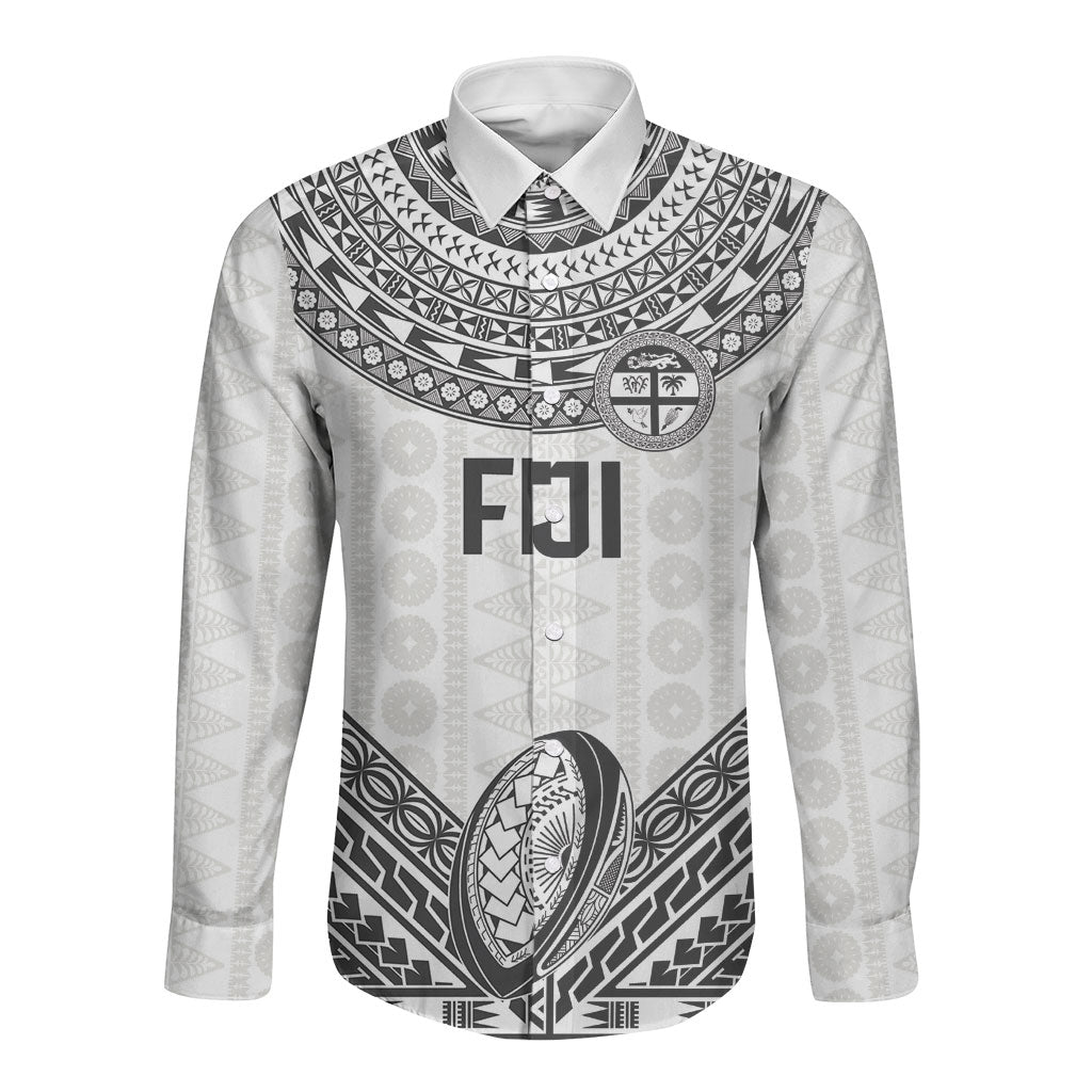 Custom Rugby Fiji National Heritage Long Sleeve Button Shirt White Traditional Masi Inspired