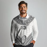 Custom Rugby Fiji National Heritage Long Sleeve Polo Shirt White Traditional Masi Inspired