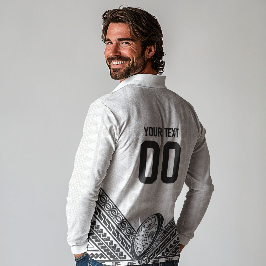 Custom Rugby Fiji National Heritage Long Sleeve Polo Shirt White Traditional Masi Inspired