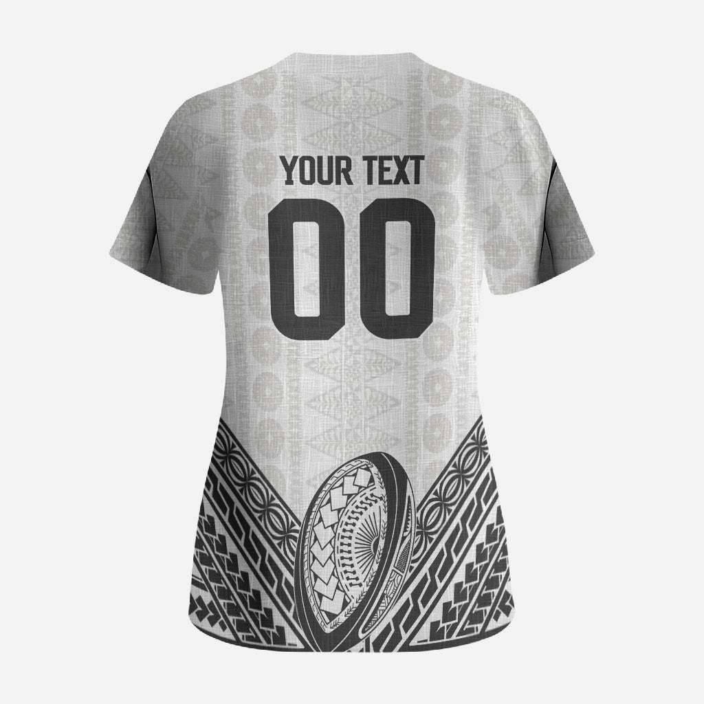 Custom Rugby Fiji National Heritage Scrub Top White Traditional Masi Inspired