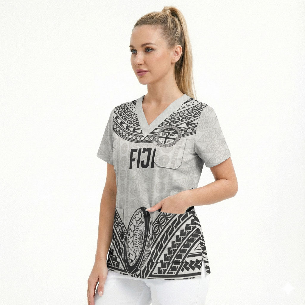 Custom Rugby Fiji National Heritage Scrub Top White Traditional Masi Inspired
