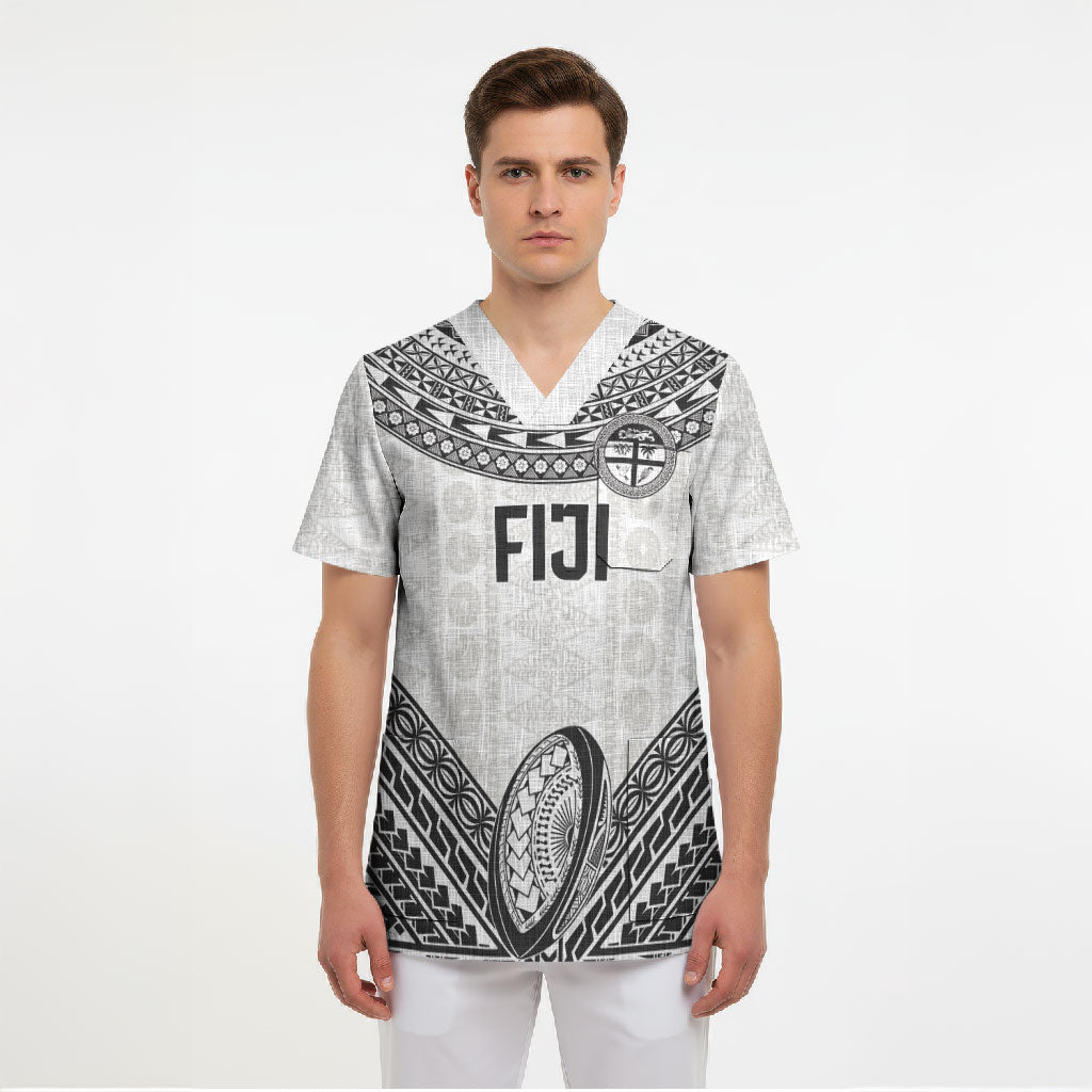 Custom Rugby Fiji National Heritage Scrub Top White Traditional Masi Inspired