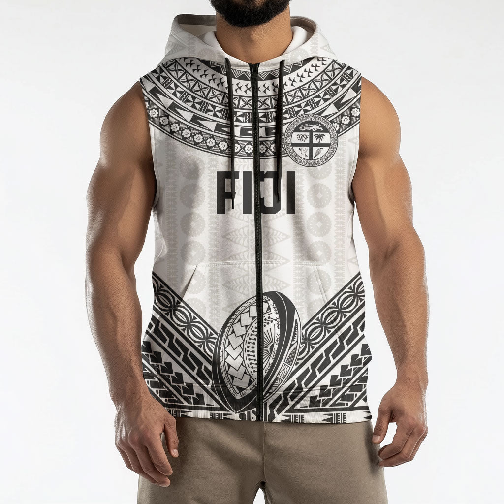 Custom Rugby Fiji National Heritage Sleeveless Zip Hoodie White Traditional Masi Inspired