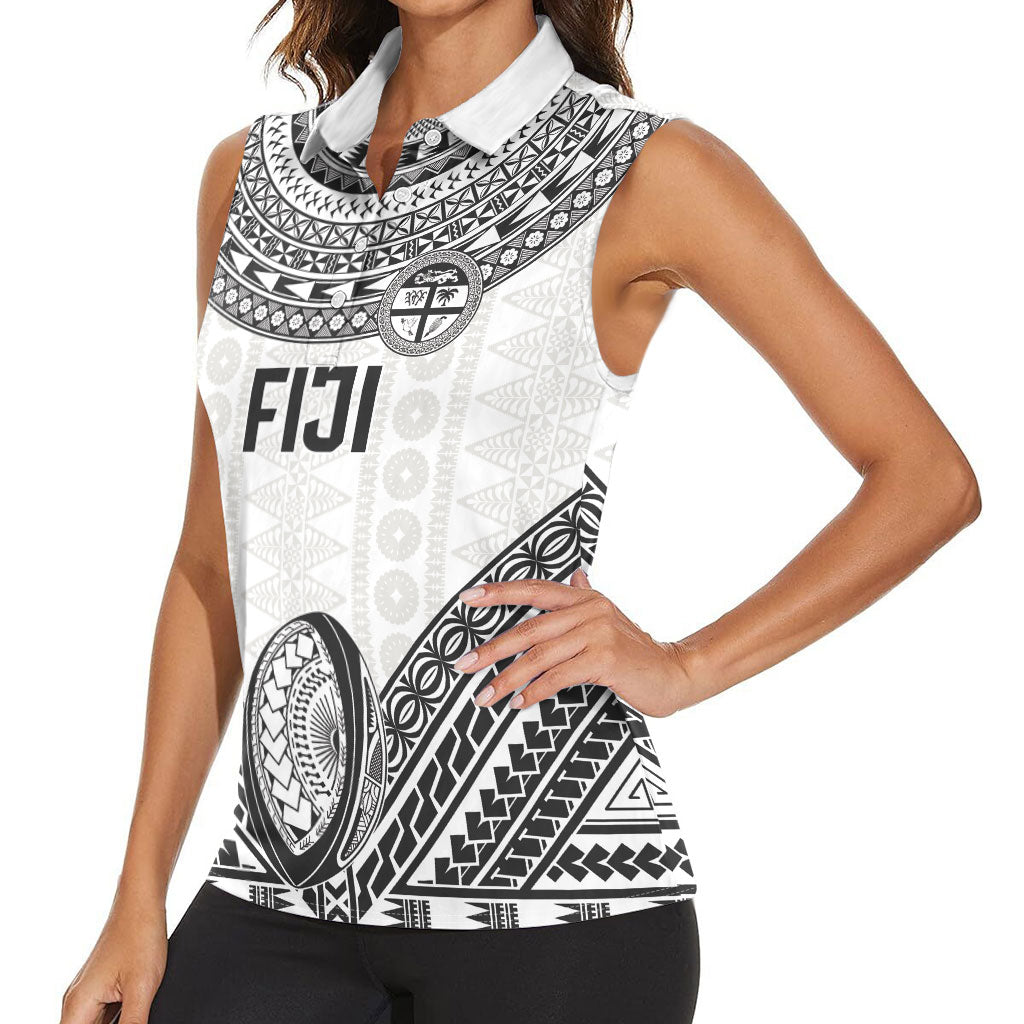 Custom Rugby Fiji National Heritage Women Sleeveless Polo Shirt White Traditional Masi Inspired