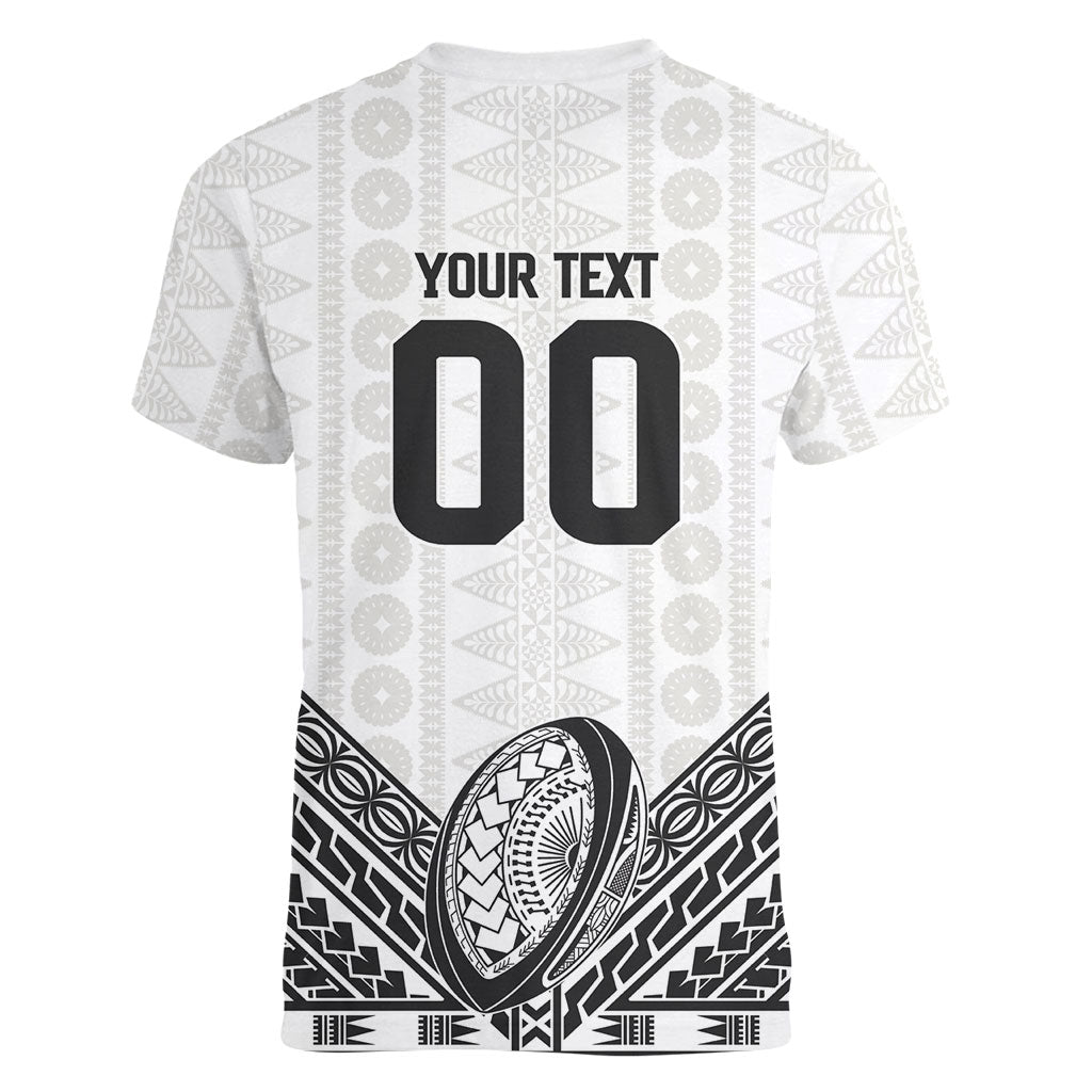 Custom Rugby Fiji National Heritage Women V-Neck T-Shirt White Traditional Masi Inspired
