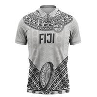 Custom Rugby Fiji National Heritage Zipper Polo Shirt White Traditional Masi Inspired