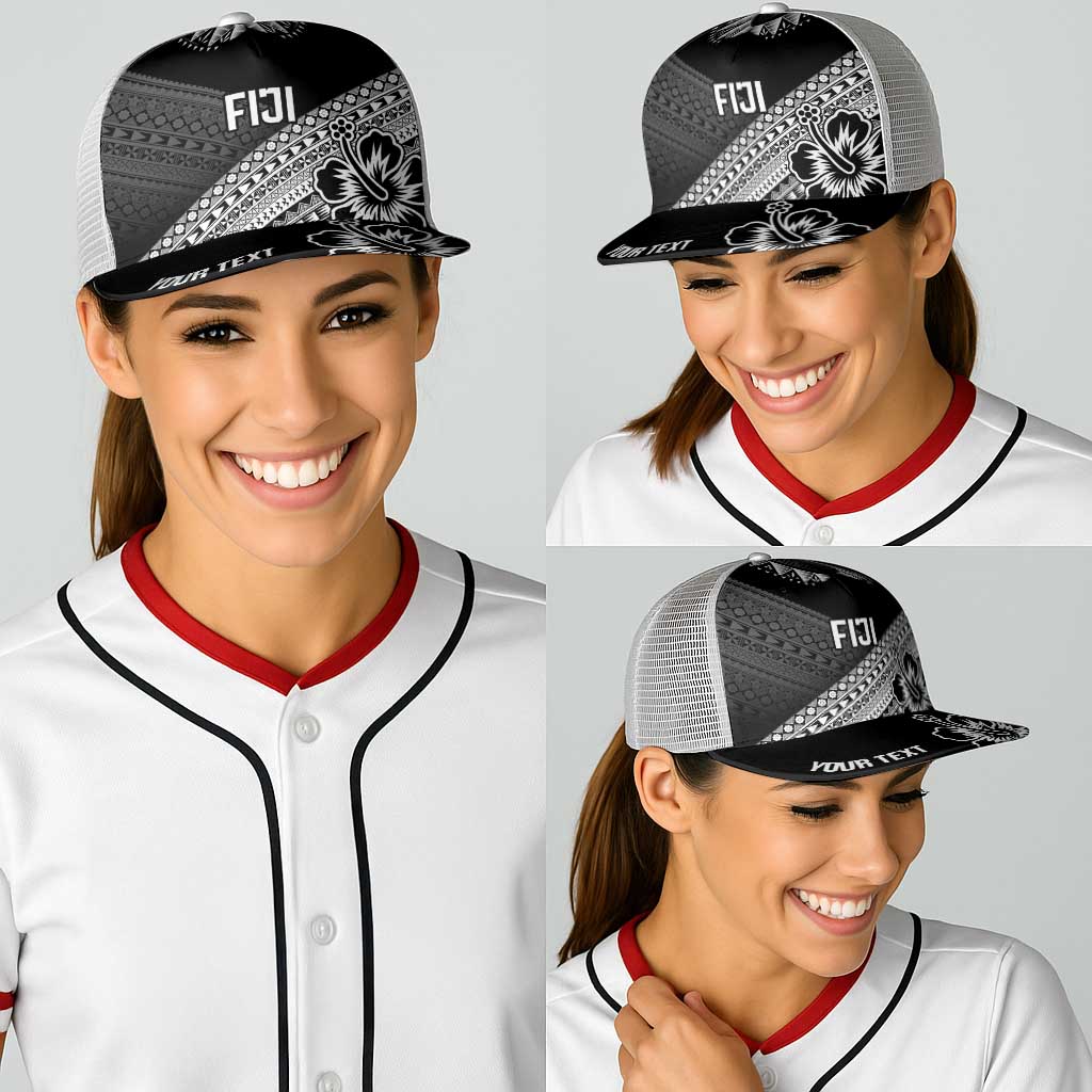 Personalised Rugby Fiji Baseball Net Cap Black Traditional Masi Inspired