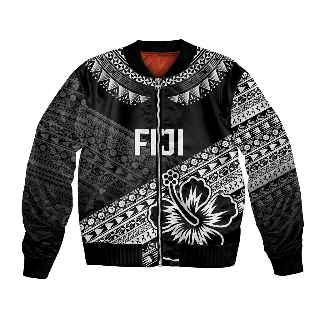 Custom Rugby Fiji Bomber Jacket Black Traditional Masi Inspired