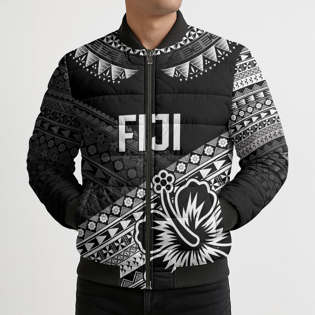 Custom Rugby Fiji Bomber Puffer Jacket Black Traditional Masi Inspired