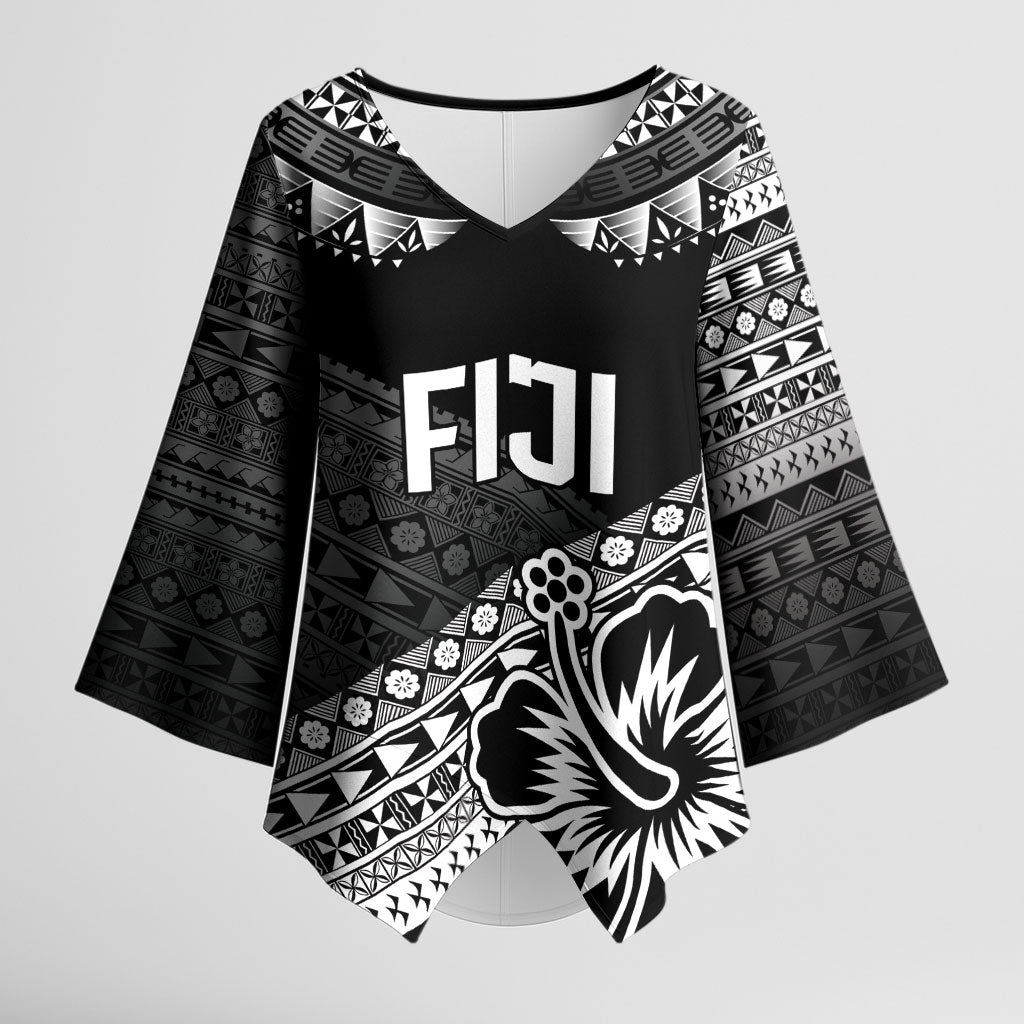 Custom Rugby Fiji Kimono Sleeve Blouse Black Traditional Masi Inspired