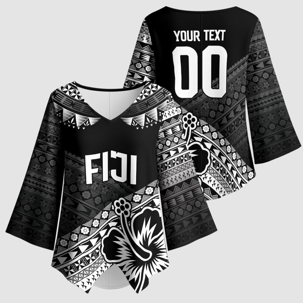 Custom Rugby Fiji Kimono Sleeve Blouse Black Traditional Masi Inspired