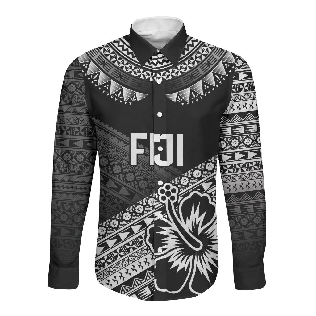Custom Rugby Fiji Long Sleeve Button Shirt Black Traditional Masi Inspired LT9 Unisex Black - Polynesian Pride