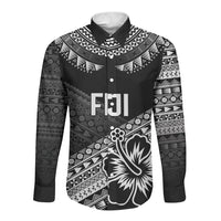 Custom Rugby Fiji Long Sleeve Button Shirt Black Traditional Masi Inspired