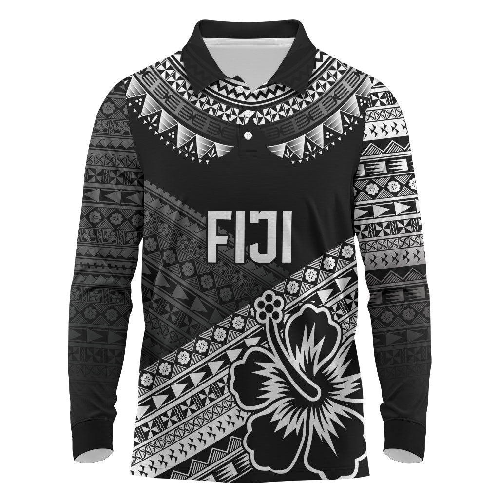 Custom Rugby Fiji Long Sleeve Polo Shirt Black Traditional Masi Inspired