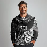 Custom Rugby Fiji Long Sleeve Polo Shirt Black Traditional Masi Inspired