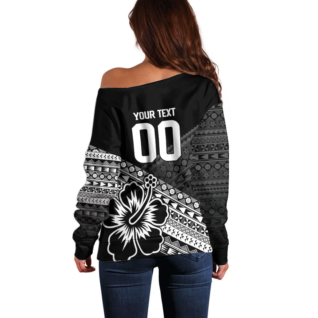 Custom Rugby Fiji Off Shoulder Sweater Black Traditional Masi Inspired