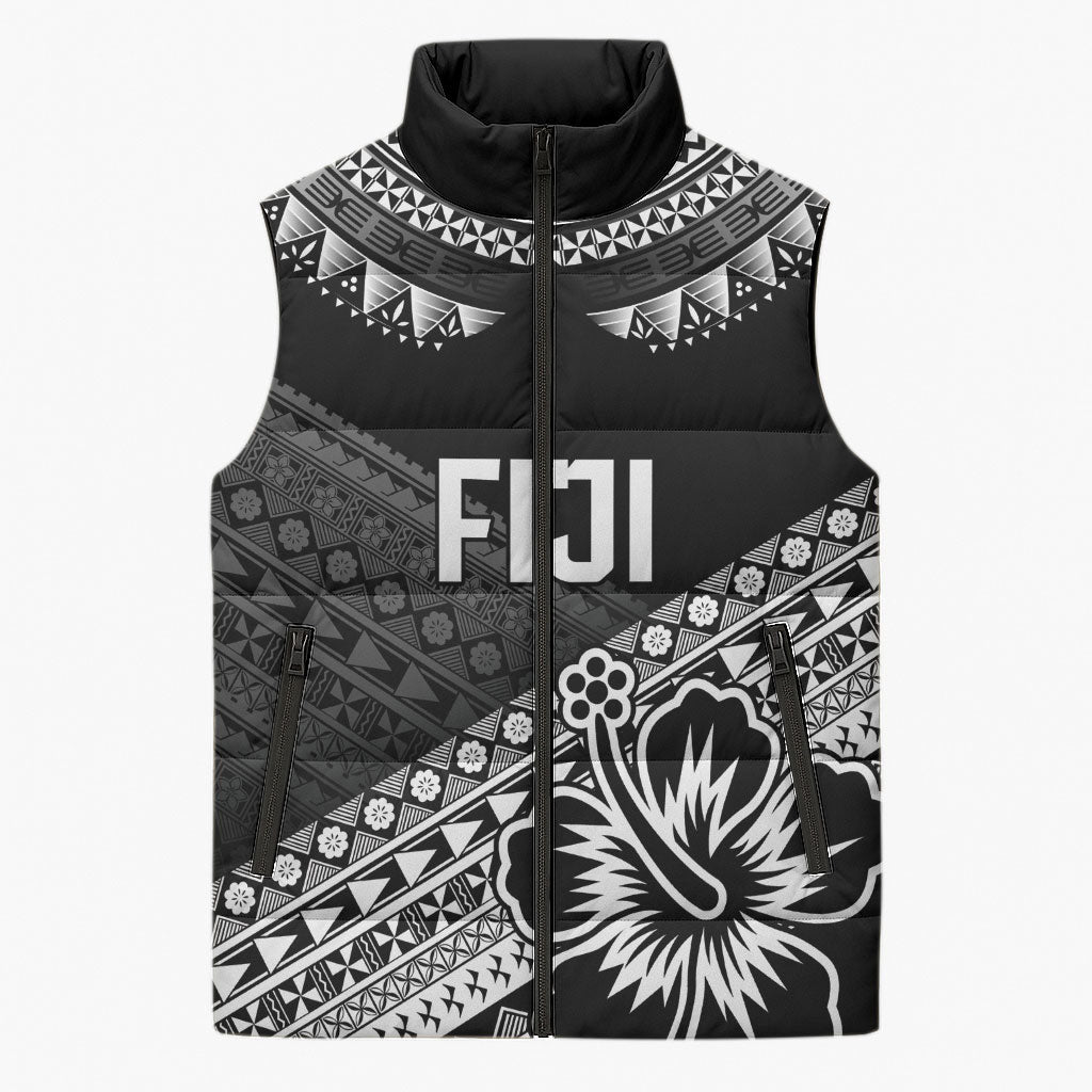 Custom Rugby Fiji Sleeveless Puffer Jacket Black Traditional Masi Inspired