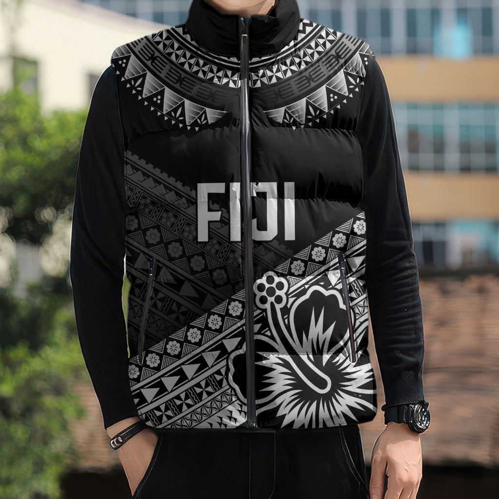 Custom Rugby Fiji Sleeveless Puffer Jacket Black Traditional Masi Inspired