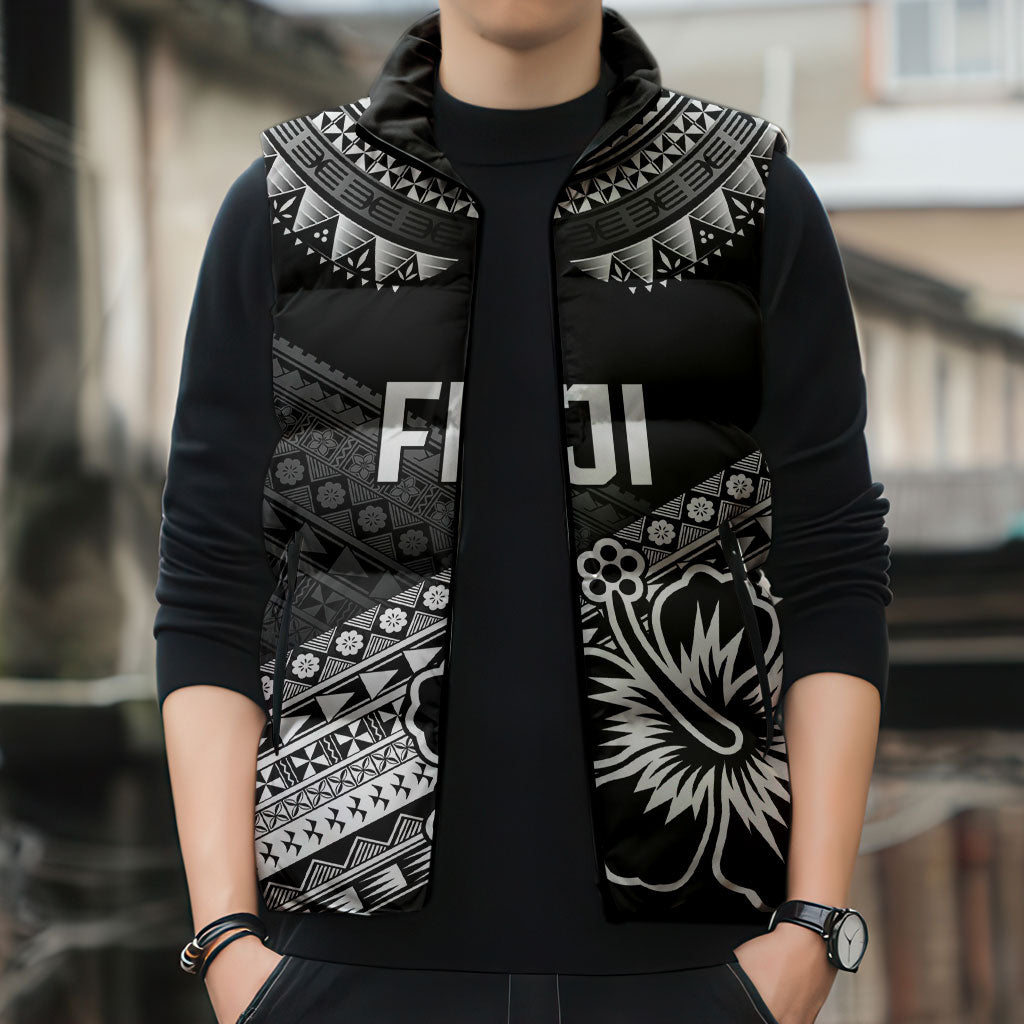 Custom Rugby Fiji Sleeveless Puffer Jacket Black Traditional Masi Inspired