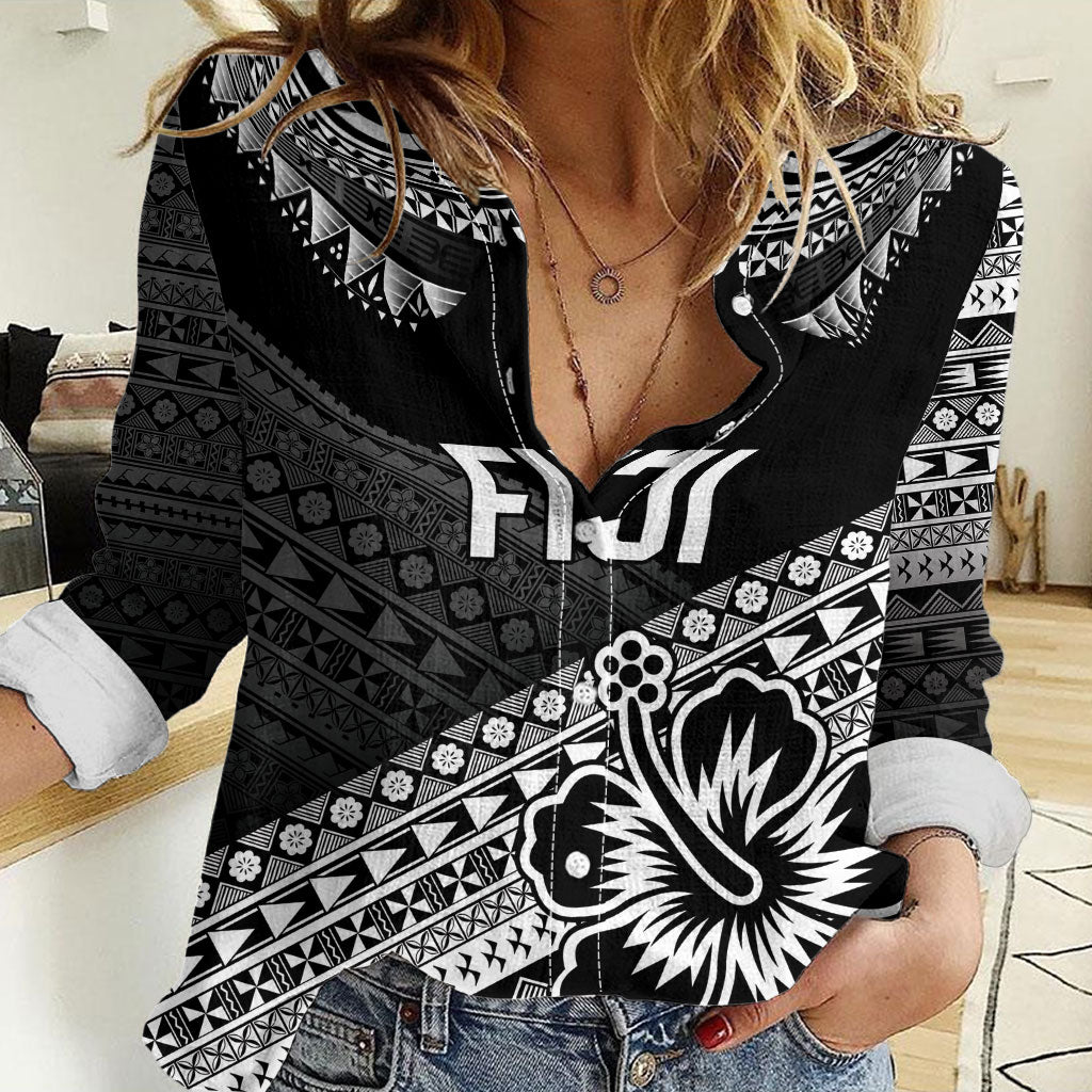 Custom Rugby Fiji Women Casual Shirt Black Traditional Masi Inspired