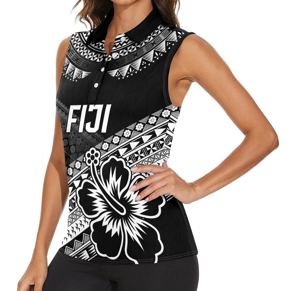Custom Rugby Fiji Women Sleeveless Polo Shirt Black Traditional Masi Inspired