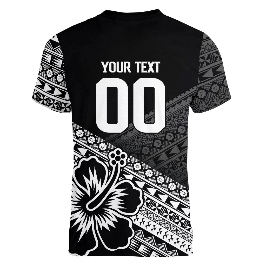 Custom Rugby Fiji Women V-Neck T-Shirt Black Traditional Masi Inspired