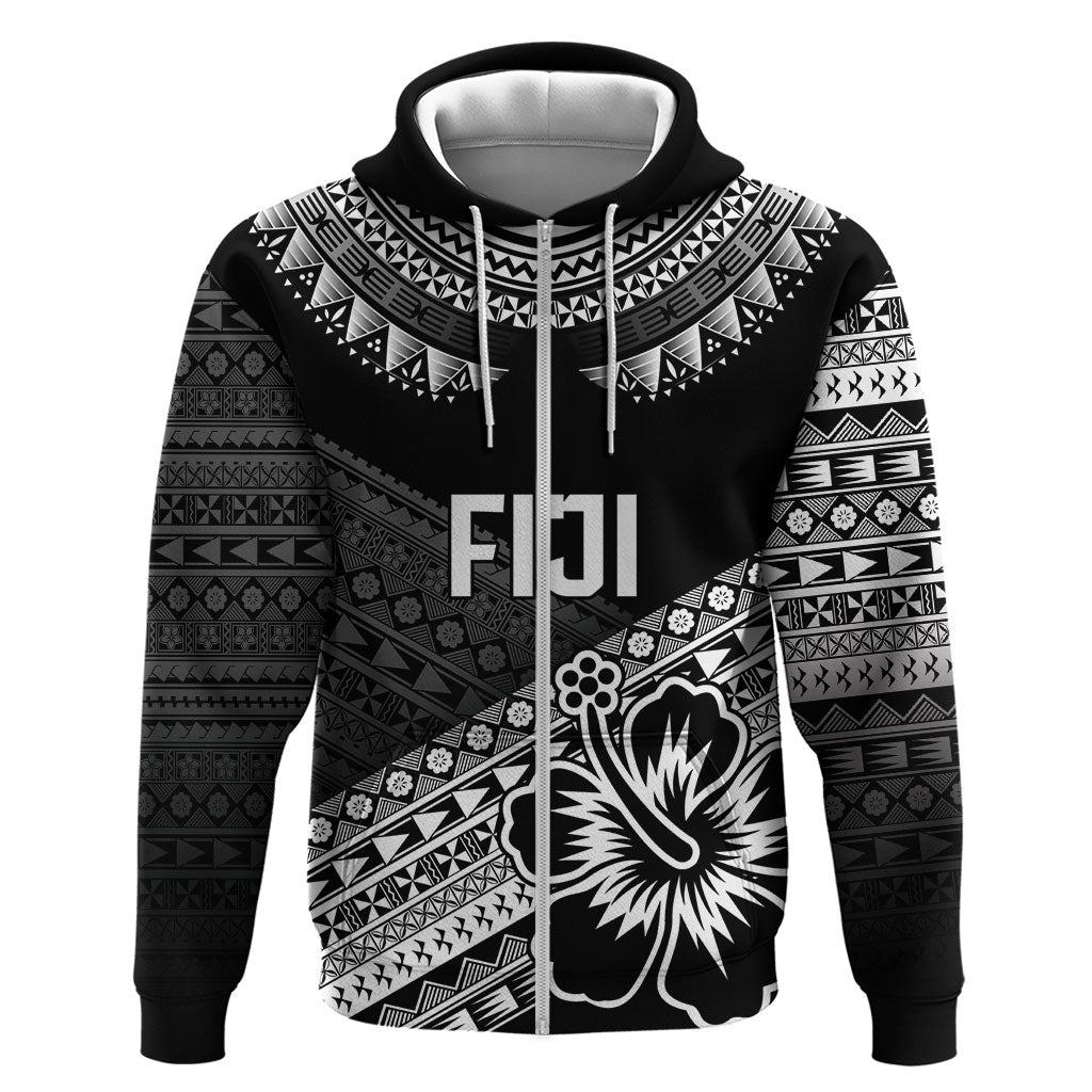 Custom Rugby Fiji Zip Hoodie Black Traditional Masi Inspired