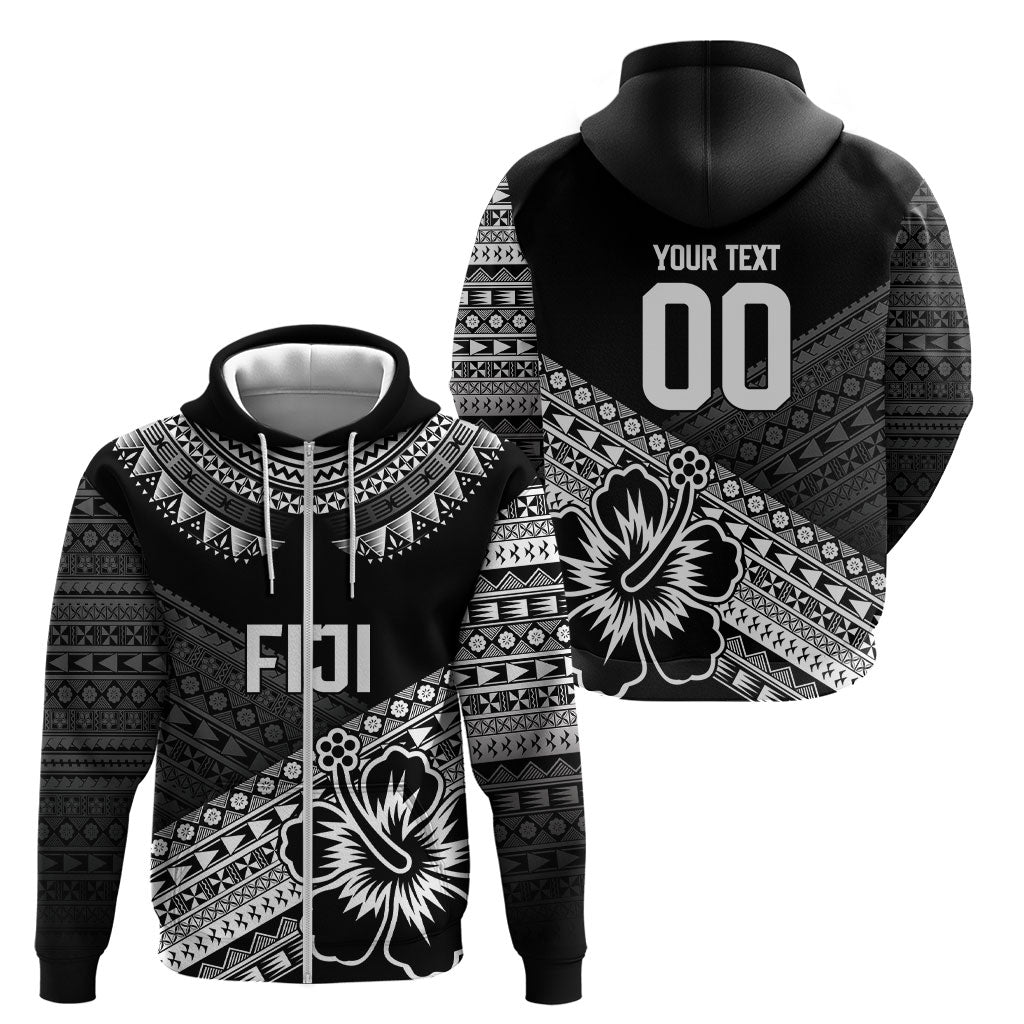 Custom Rugby Fiji Zip Hoodie Black Traditional Masi Inspired