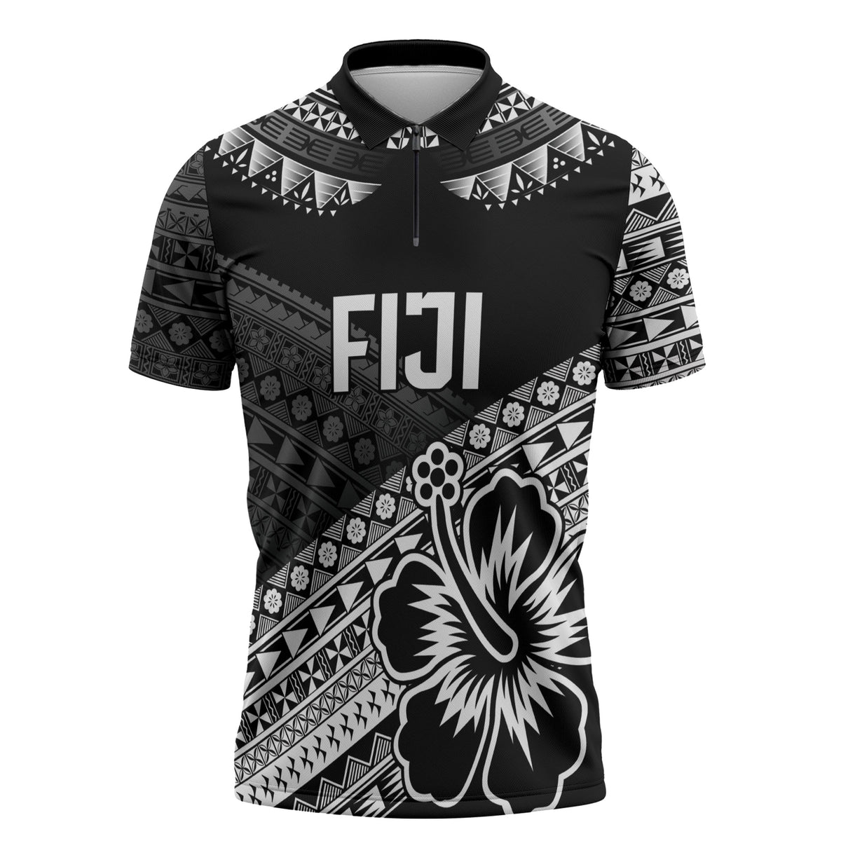 Custom Rugby Fiji Zipper Polo Shirt Black Traditional Masi Inspired