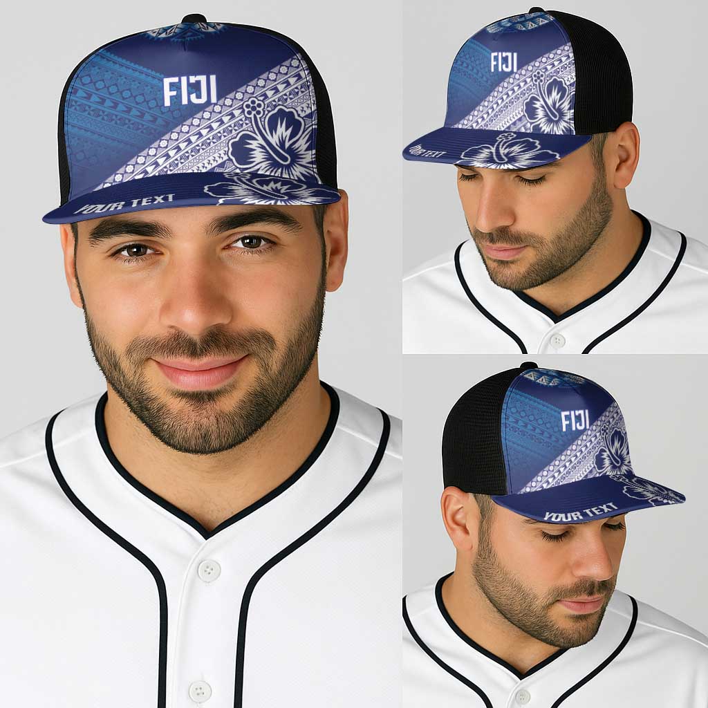 Personalised Rugby Fiji Baseball Net Cap Blue Traditional Masi Inspired