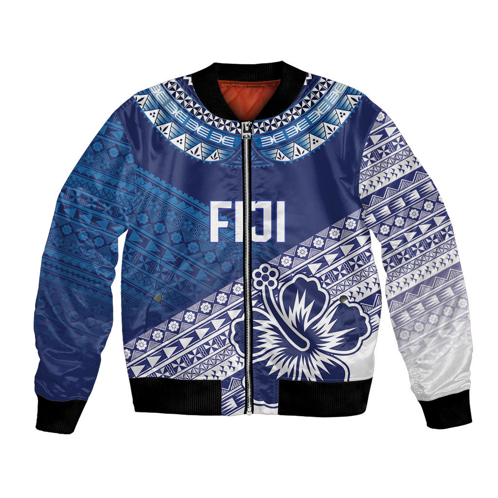 Custom Rugby Fiji Bomber Jacket Blue Traditional Masi Inspired