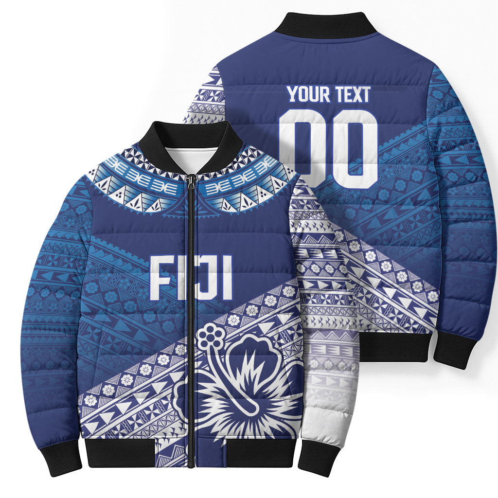 Custom Rugby Fiji Bomber Puffer Jacket Blue Traditional Masi Inspired