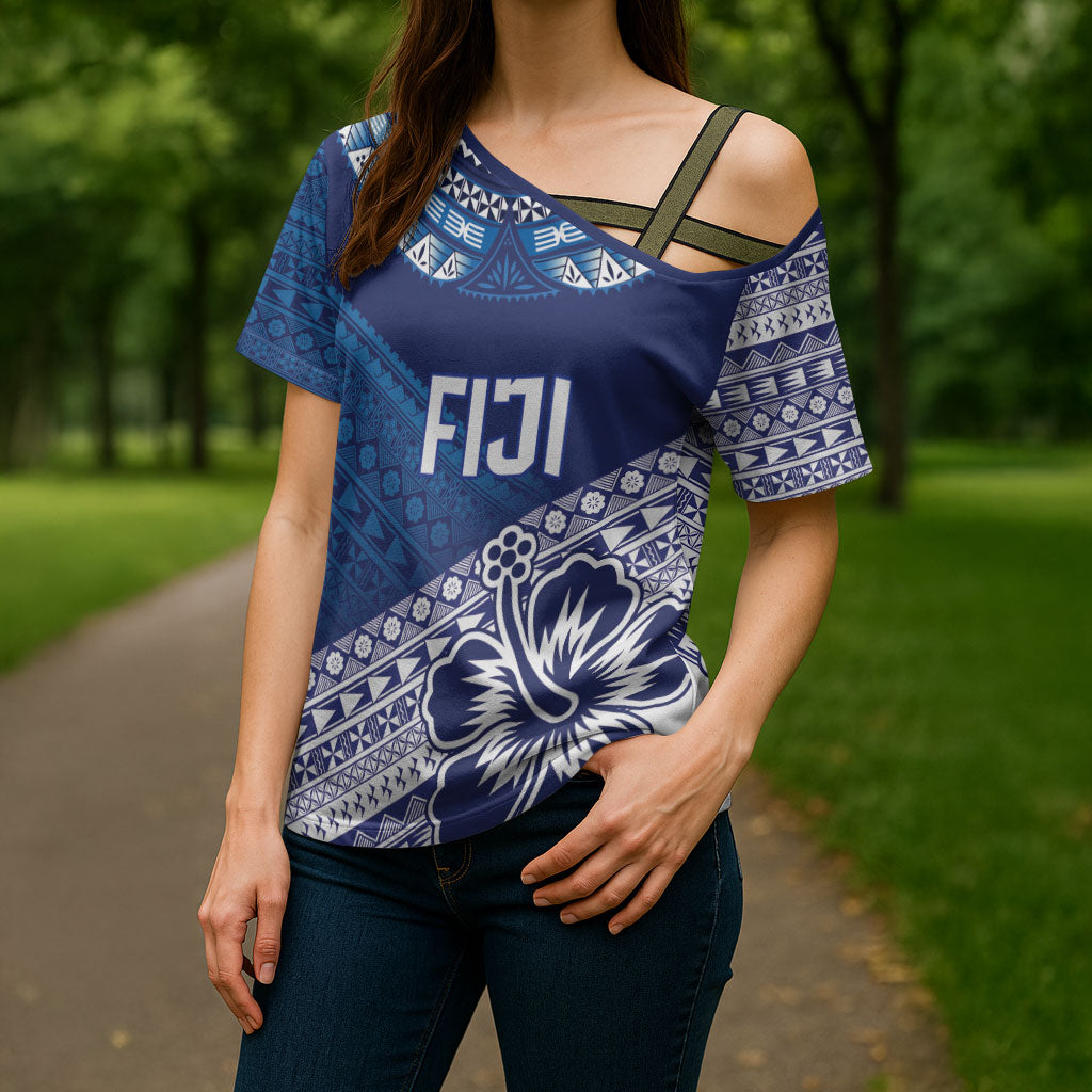 Custom Rugby Fiji Cross Shoulder Shirt Blue Traditional Masi Inspired