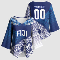 Custom Rugby Fiji Kimono Sleeve Blouse Blue Traditional Masi Inspired