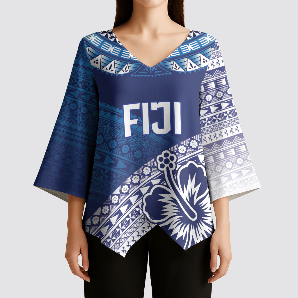 Custom Rugby Fiji Kimono Sleeve Blouse Blue Traditional Masi Inspired