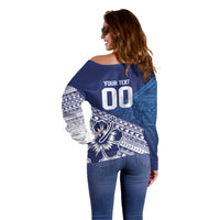 Custom Rugby Fiji Off Shoulder Sweater Blue Traditional Masi Inspired