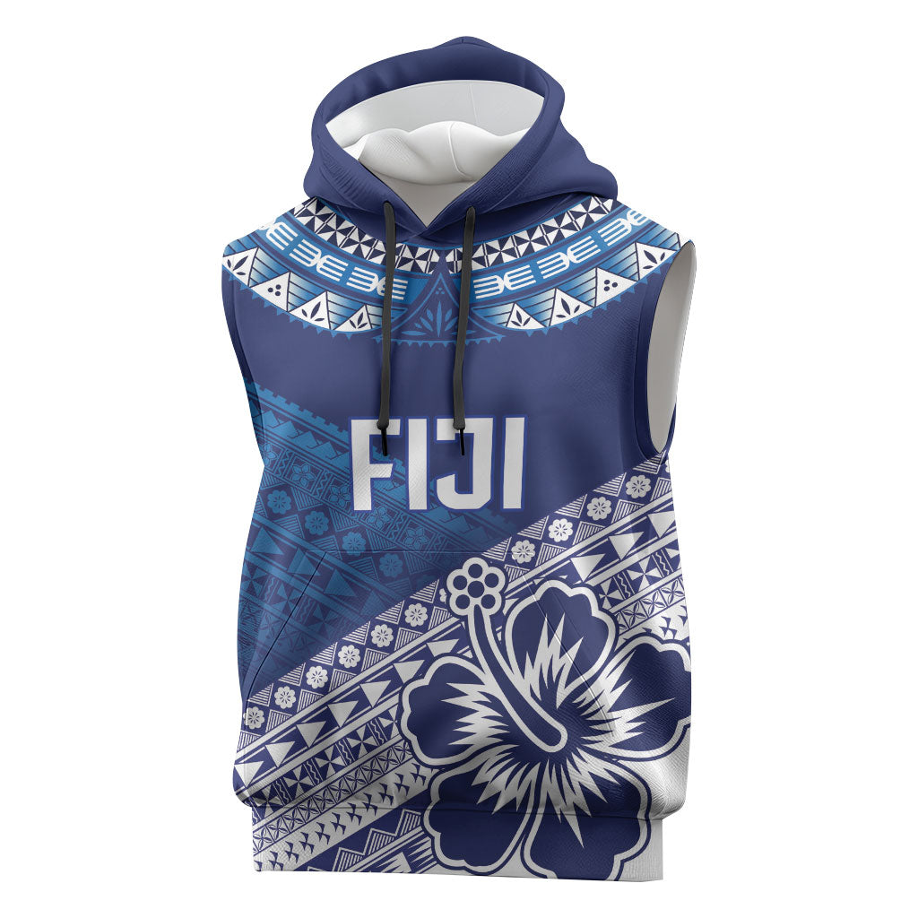Custom Rugby Fiji Sleeveless Hoodie Blue Traditional Masi Inspired