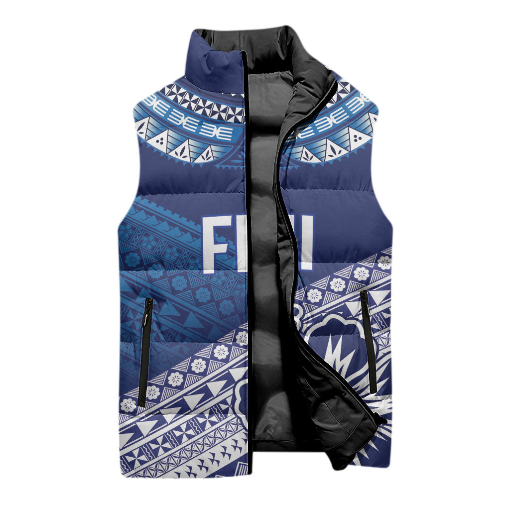 Custom Rugby Fiji Sleeveless Puffer Jacket Blue Traditional Masi Inspired