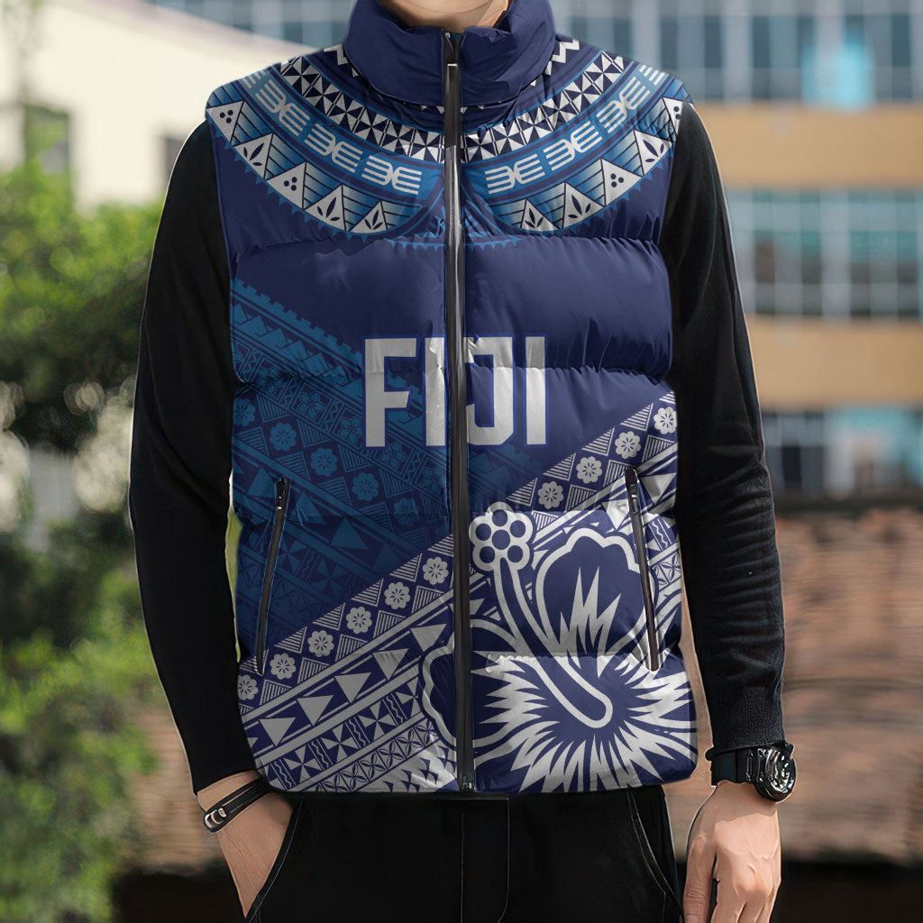 Custom Rugby Fiji Sleeveless Puffer Jacket Blue Traditional Masi Inspired