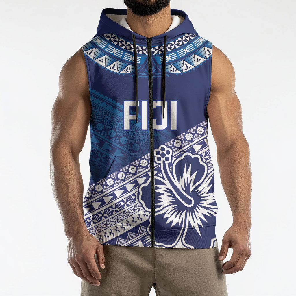 Custom Rugby Fiji Sleeveless Zip Hoodie Blue Traditional Masi Inspired