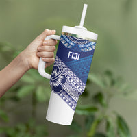 Custom Rugby Fiji Tumbler With Handle Blue Traditional Masi Inspired