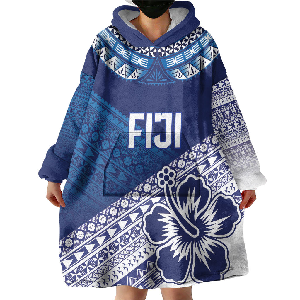 Custom Rugby Fiji Wearable Blanket Hoodie Blue Traditional Masi Inspired